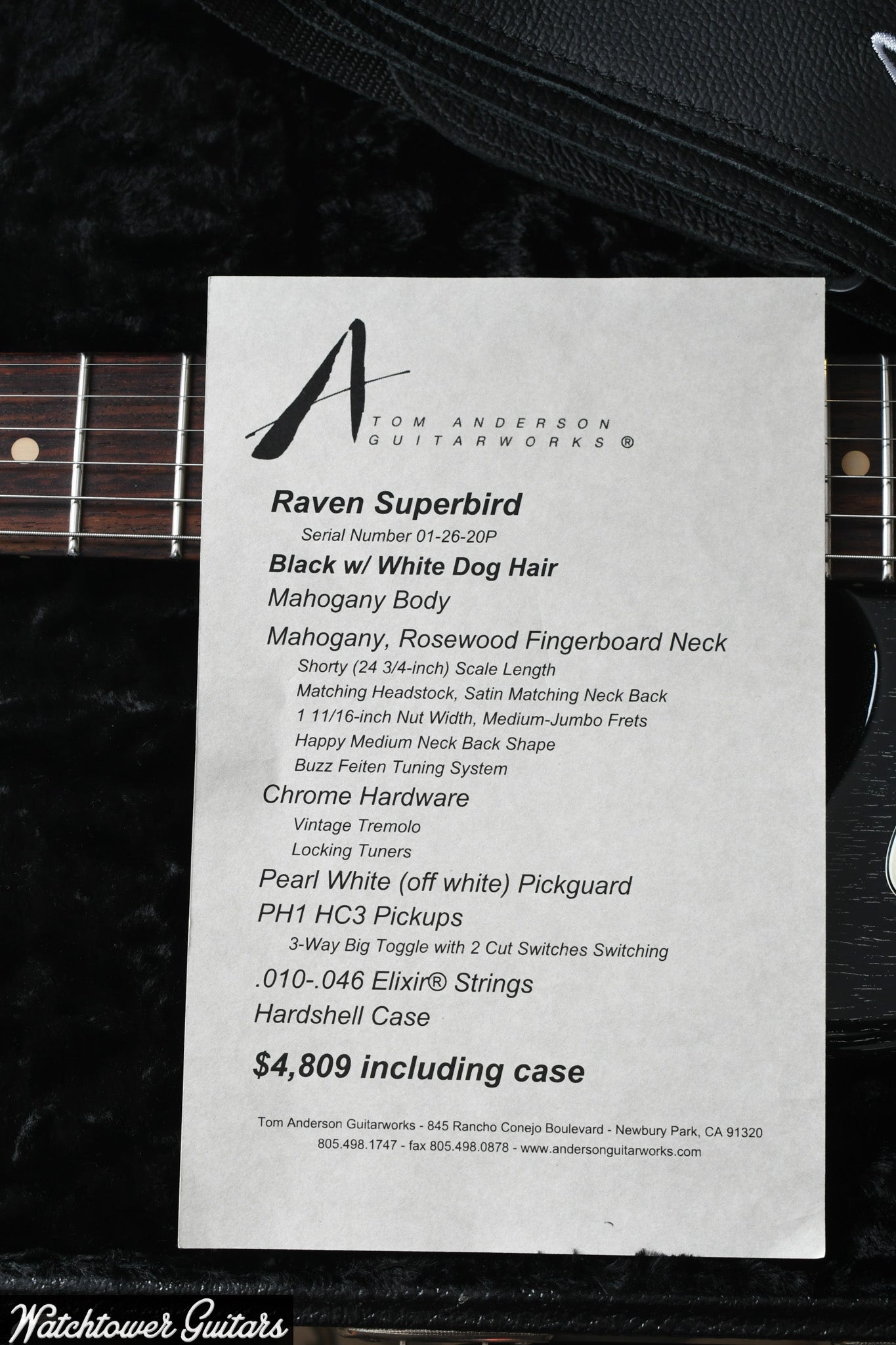 2020 Tom Anderson Raven Superbird Black with White Dog Hair