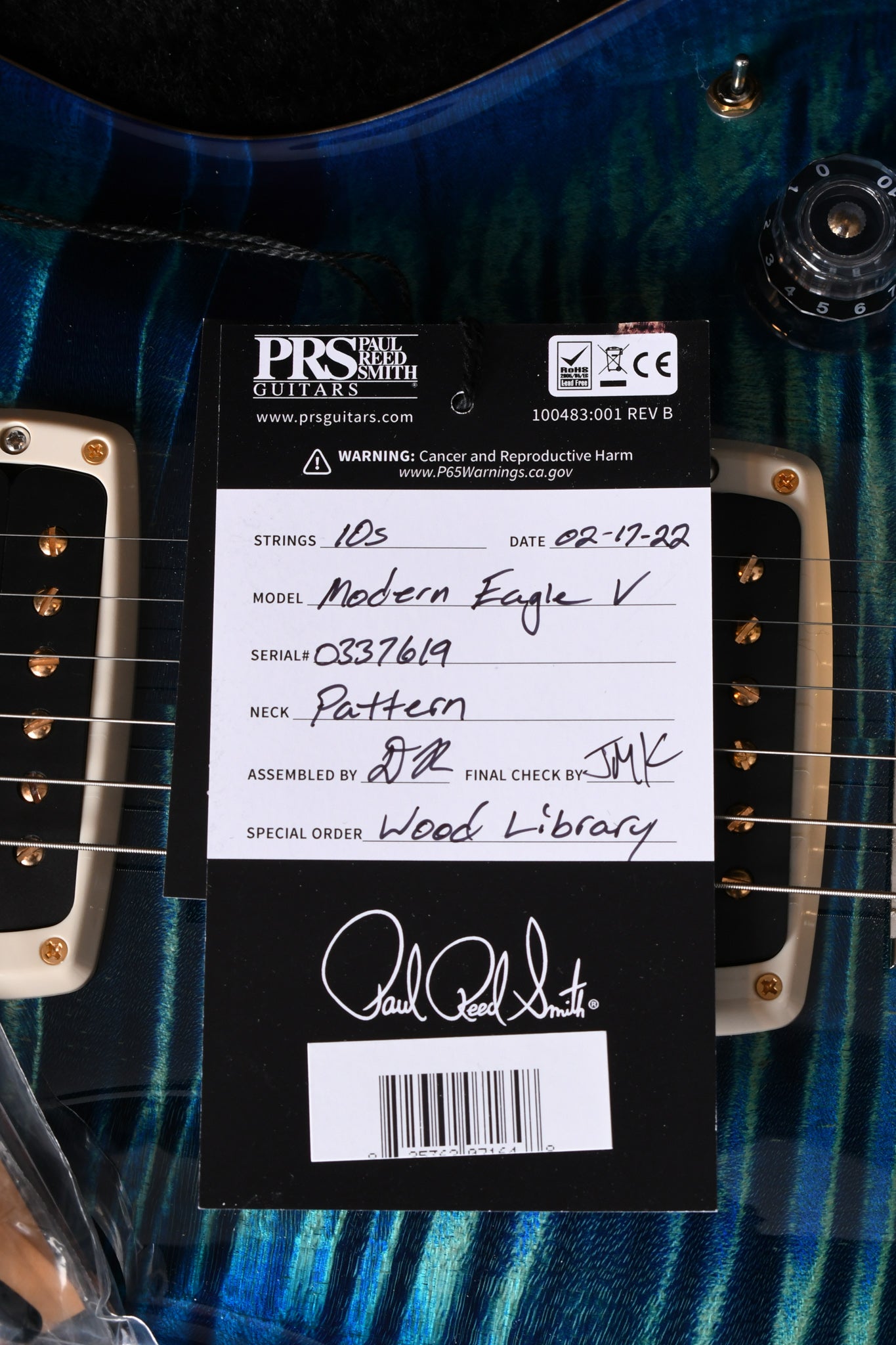 2022 Paul Reed Smith PRS Modern Eagle V *Wood Library* River Blue with Blue Burst Rosewood Neck