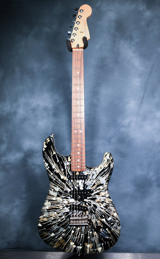 2002 Fender FSR Stratocaster Splattercaster Olympic White, Aztec Gold, and Inca Silver Swirl over Black