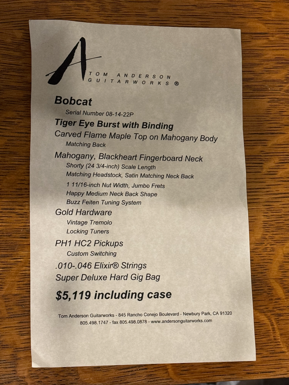 2022 Tom Anderson Bobcat Tiger Eye Burst with Binding