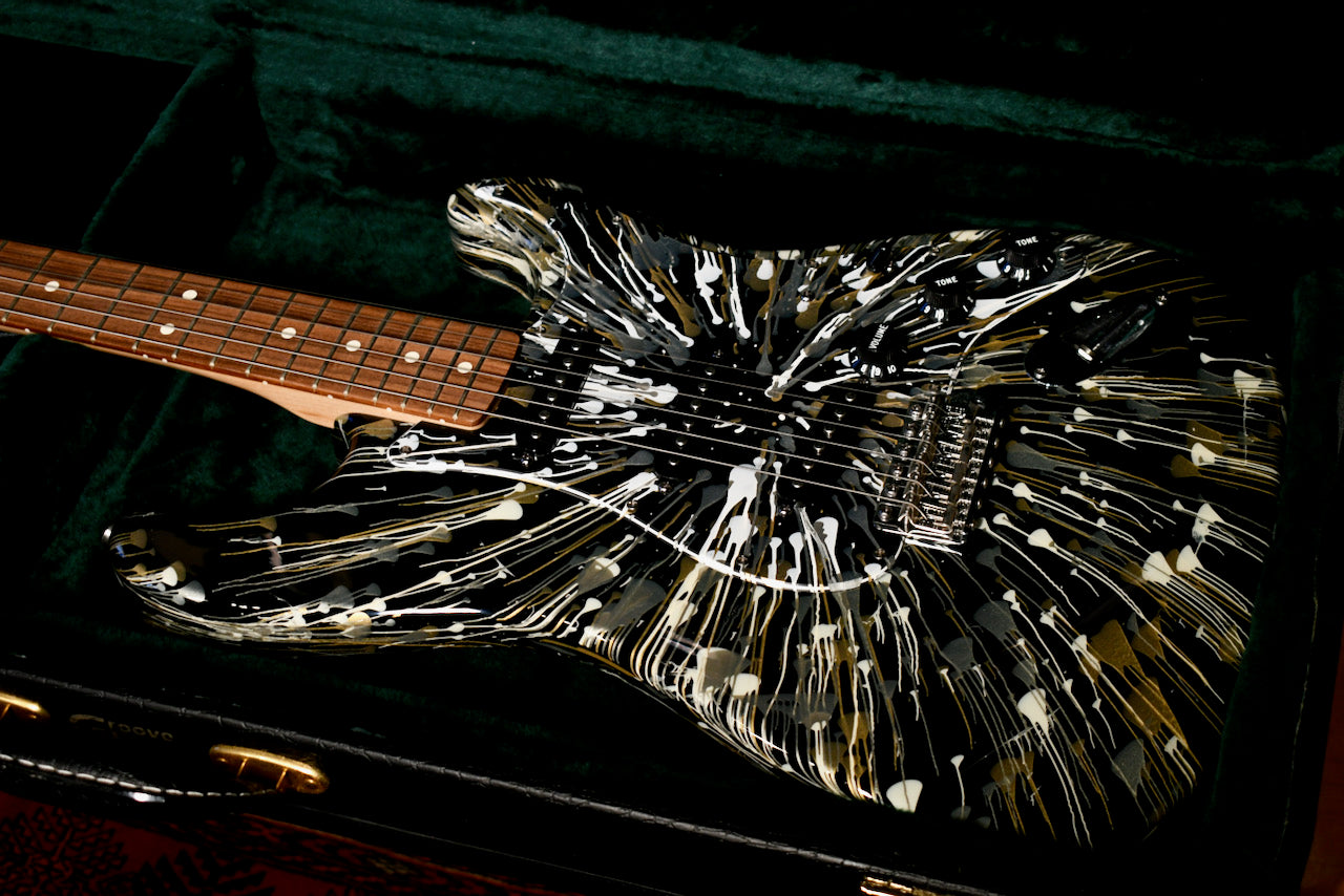 2002 Fender FSR Stratocaster Splattercaster Olympic White, Aztec Gold, and Inca Silver Swirl over Black