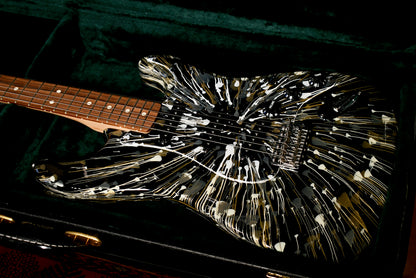 2002 Fender FSR Stratocaster Splattercaster Olympic White, Aztec Gold, and Inca Silver Swirl over Black