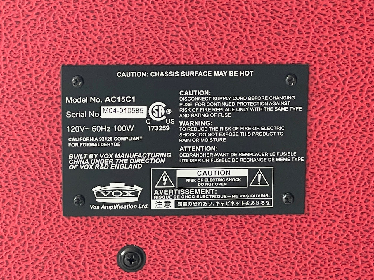 2015 Vox AC15C1 Limited Edition Red Tolex