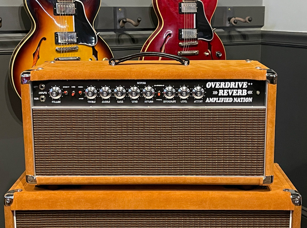 Amplified Nation Overdrive Reverb 100/50 Watt Head & 2x12 Cabinet Golden Brown Suede/Oxblood Grill